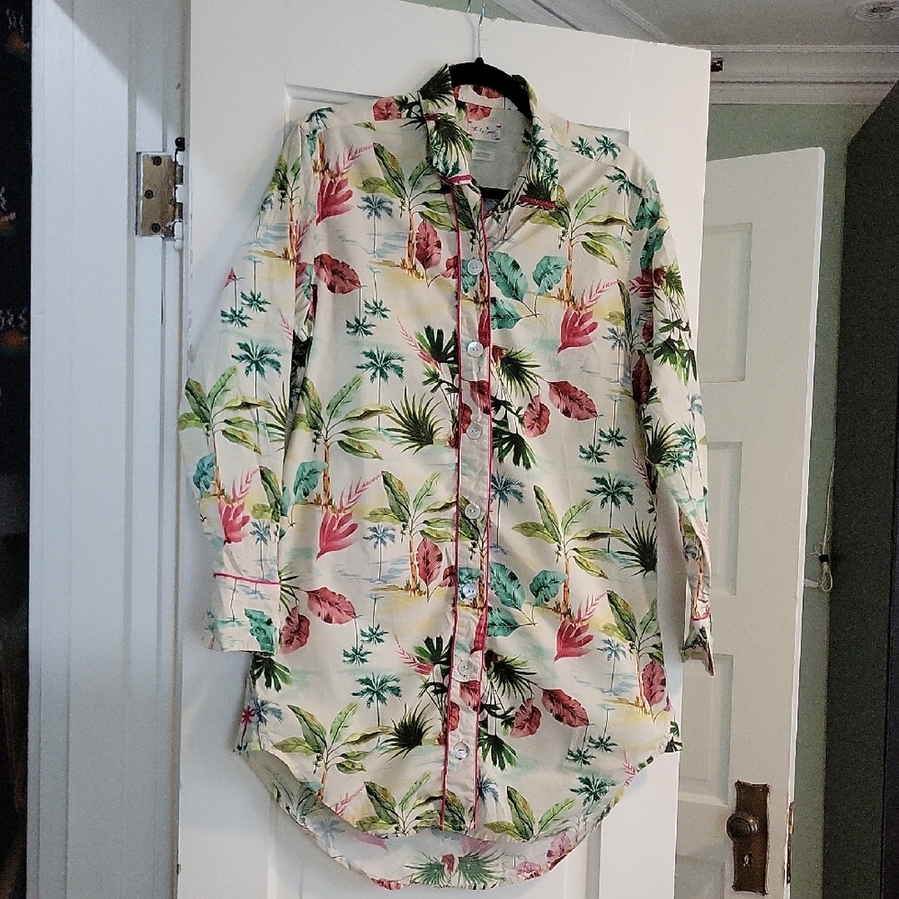 The Lazy Poet Sissy Hawaiian Vibes Sleep Shirt Palm Tropical Button Pajamas - S